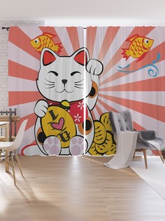 Шторы под лён JoyArty "Японский котик", серия Oxford DeLux, 340х265 см