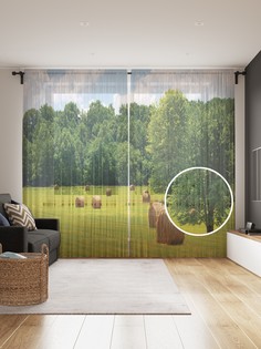 Фототюль JoyArty "Валки сена на поле", 145x265см, 2 полотна, лента, 50 крючков