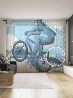 Фототюль JoyArty "Велосипедист в горах" 145x265см, 2 полотна, лента, 50 крючков