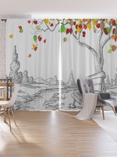 Шторы под лён JoyArty "Нарисованная скамейка и дерево", серия Oxford DeLux, 340х265 см