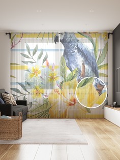 Фототюль JoyArty "Попугай в цветах", 145x265см (2 полотна со шторной лентой + 50 крючков)