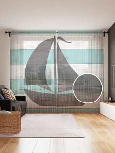 Фототюль JoyArty "Корабль на фоне досок" 145x265см, 2 полотна, лента, 50 крючков