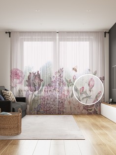 Фототюль JoyArty "Цветы акварелью", 145x265см (2 полотна со шторной лентой + 50 крючков)