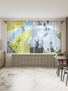 Фототюль JoyArty "Олени в красочном лесу", 145x180см (2 полотна с лентой + 50 крючков)