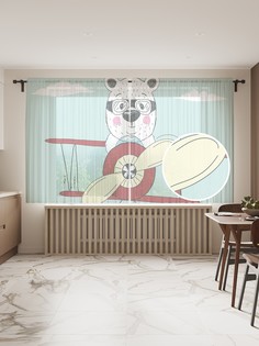 Фототюль JoyArty "Мишка пилот самолета" 145x180см, 2 полотна, лента, 50 крючков