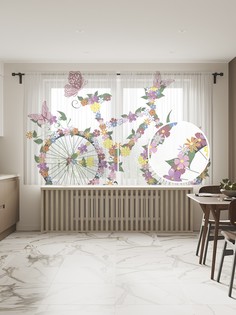 Фототюль JoyArty "Цветочный велосипед с бабочками" 145x180см, 2 полотна, лента, 50 крючков