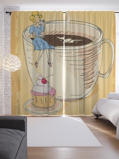 Шторы JoyArty с фотопечатью "С кофе на чашке кофе" из сатена, 290х265 см