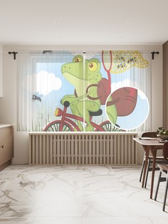 Фототюль JoyArty "Лягушка с сачком на велосипеде" 145x180см, 2 полотна, лента, 50 крючков