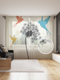 Фототюль JoyArty "Птицы над одуванчиком", 145x265см, 2 полотна, лента, 50 крючков