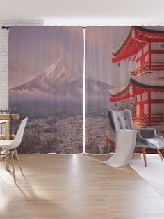 Шторы под лён JoyArty "Японский домик на фоне фудзиямы", серия Oxford DeLux, 340х265 см