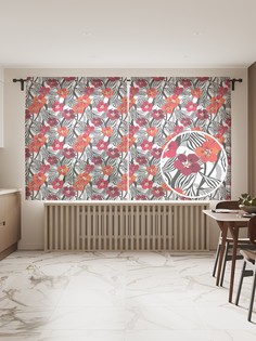 Фототюль JoyArty "Цветы на контурных листьях" 145x180см, 2 полотна, лента, 50 крючков