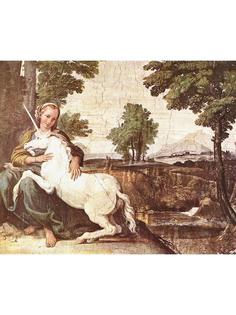 Постер DRABS A3 Доменикино, Девушка и единорог фреска во дворце Фарнезе Рим