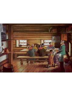 Постер DRABS A3 Кустодиев Борис Михайлович, Земская школа в Московской Руси