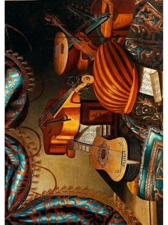 Постер DRABS А2 Бергамская школа - Музыкальные инструменты, партитуры и книги на столе