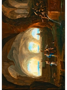 Постер DRABS А2 Монограммист - Интерьер грота с женщинами в старинном платье у фонтана