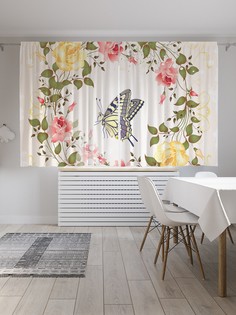Шторы JoyArty с фотопечатью "Бабочка в венке из роз" из сатена, 290х180 см