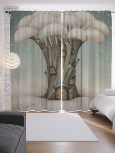Шторы JoyArty с фотопечатью "Домик зимой" из сатена, 290х265 см