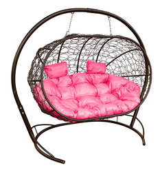 Подвесной диван M-GROUP "ЛЕЖЕБОКА" с ротангом коричневый, розовая подушка