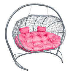 Подвесной диван M-GROUP "ЛЕЖЕБОКА" с ротангом серый, розовая подушка