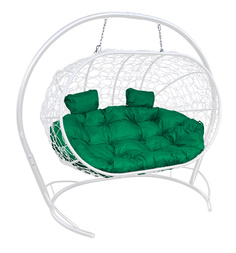 Подвесной диван M-GROUP "ЛЕЖЕБОКА" с ротангом белый, зелёная подушка