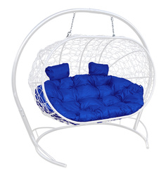 Подвесной диван M-GROUP "ЛЕЖЕБОКА" с ротангом белый, синяя подушка