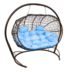 Подвесной диван M-GROUP "ЛЕЖЕБОКА" с ротангом коричневый, голубая подушка