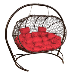 Подвесной диван M-GROUP "ЛЕЖЕБОКА" с ротангом коричневый, красная подушка