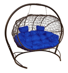 Подвесной диван M-GROUP "ЛЕЖЕБОКА" с ротангом коричневый, синяя подушка