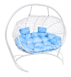 Подвесной диван M-GROUP "ЛЕЖЕБОКА" с ротангом белый, голубая подушка