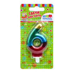 Свеча праздничная Микрос цифра 6 радужная 7 см