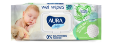 Влажные салфетки детские AURA BABY 0+ с алоэ big-pack с крышкой, 100 шт.