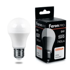 Лампа светодиодная (9W) 230V E27 4000K A60, LB-1009 Feron