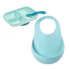 Набор посуды Beaba Blue в комплекте снагрудником силиконовым Bavoir Silicone Airy Green