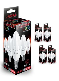 Лампочка Ultra Led C37 7W E14, лампочка свеча,Теплый белый свет, E14, 7 Вт, 5 шт