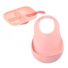 Набор посуды Beaba Pink с силиконовым нагрудником Bavoir Silicone, 913491-913456