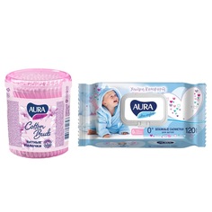Салфетки детские 0+ AURA ULTRA COMFORT 120шт. + Ватные палочки AURA BEAUTY 100шт.