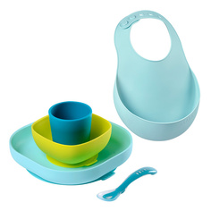 Набор посуды Beaba Silicone Meal Blue с силиконовым нагрудником Airy Green, 913428-913489