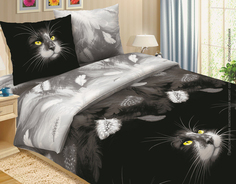 Постельное белье Mercury Home Кошки-мышки black 2 СП Поплин 2 наволочки 70x70