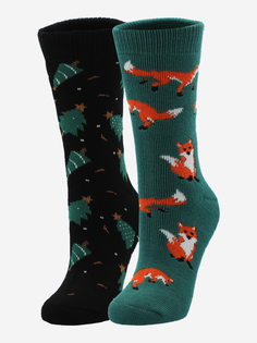 Носки, 2 пары, Columbia Medium weight Thermal crew brushed Xmas trees / Foxes 2PK Gift box, Черный, размер 37-43