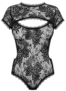 Эффектное боди с короткими рукавчиками Obsessive Peonesia черное L-XL