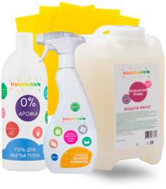 Набор FRESHBUBBLE Мыло 5л + Гель для полов 1л + Спрей для ванной 0,5л + салфетки