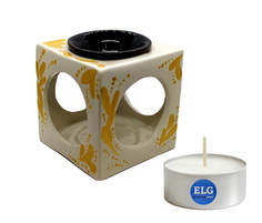 Аромалампа "Кубик с узором" белый 8,5см керамика + свеча в гильзе ELG