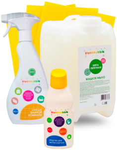 Мыло FRESHBUBBLE 5л + Спрей для ванной 0,5л + Средство для унитаза 0,5л + салфетки 3 шт