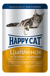 Влажный корм для кошек Happy Cat, цыпленок и печень с морковью, 22шт по 100г