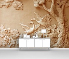 Фотообои флизелиновые ПЕРВОЕ АТЕЛЬЕ "Журавли у дерева. Резьба" 400х280 см (ШхВ)