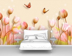 Фотообои флизелиновые ПЕРВОЕ АТЕЛЬЕ "Розовые тюльпаны с бабочками" 200х125 см (ШхВ)