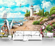 Фотообои флизелиновые ПЕРВОЕ АТЕЛЬЕ "Лодки и яхты у маяка" 300х210 см (ШхВ)