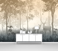 Фотообои ПЕРВОЕ АТЕЛЬЕ "Туманный в бежевых тонах лес с оленями" 300х220 см (ШхВ)