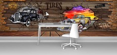 Фотообои флизелиновые ПЕРВОЕ АТЕЛЬЕ "Деревянная стена с ретро авто" 400х125 см (ШхВ)