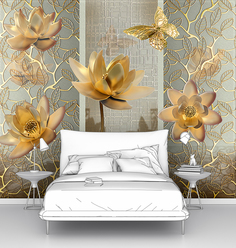 Фотообои флизелиновые Первое Ателье "Лотосы и бабочки в золотом цвете" 200х165 см